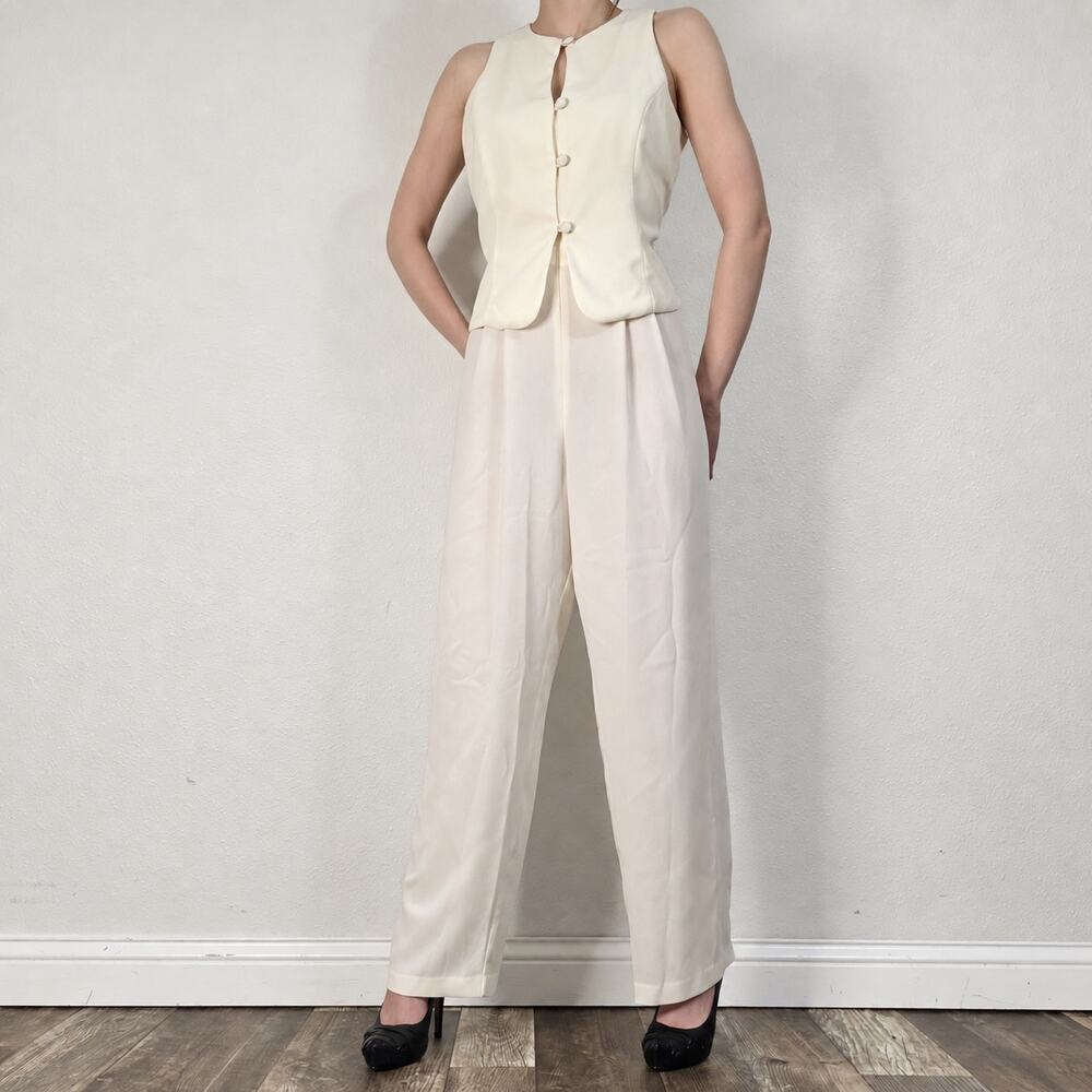 Vintage 90s Ivory Lace Back Jumpsuit Tailored Vest Pantsuit Size 10 Bridal